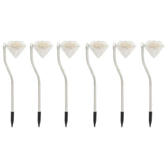 Six waterproof RGB solar LED garden stake lights in a pack, shaped like diamonds with curved stems and ground spikes.