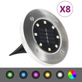 Round stainless steel solar ground light with RGB LEDs and ground stake, pack of eight.