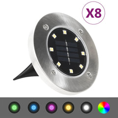 Round stainless steel solar ground light with RGB LEDs and ground stake, pack of eight.