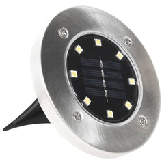 8-pack of silver solar-powered RGB LED ground stake lights with circular design.