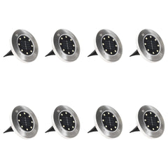 Eight silver solar-powered RGB LED ground lights with stakes, shown in a pack.