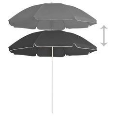 Anthracite garden parasol with steel pole, shown open and folded at 70.9 inches.