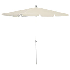 Beige Bostome garden parasol with tilting black pole, 82.7x55.1 inches.