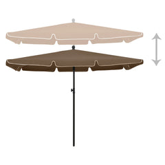 Taupe garden parasol with a UV-protective canopy and a tilt feature for adjustable shade.