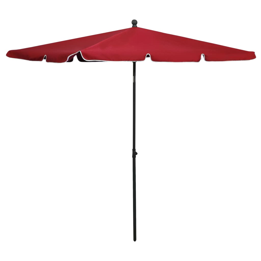 Red garden parasol with UV protection, Bordeaux red polyester canopy on black steel pole.