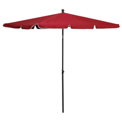 Red garden parasol with UV protection, Bordeaux red polyester canopy on black steel pole.