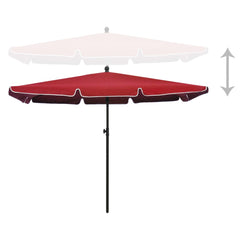 Red garden parasol with UV protection, black pole, tilt mechanism, and size indicators.