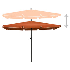 Terracotta Bostome garden parasol with tilting pole and black steel stand, 82.7 by 55.1 inches.