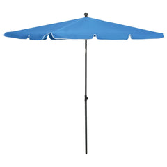 Azure blue tilting patio umbrella with a sturdy steel pole and UV-protective canopy.