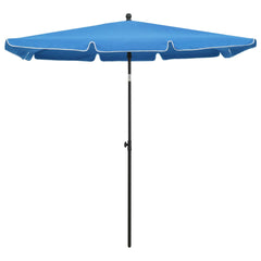 Azure blue tilting patio umbrella with a UV-protective polyester canopy and steel pole.