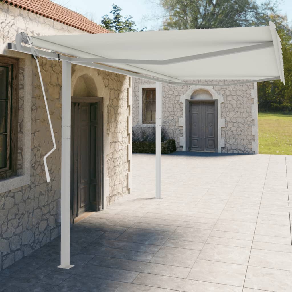 White iron awning post set with double posts, 177.2x96.5 cm, supporting a light gray fabric awning on a stone terrace.