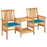 Patio Bistro Set Blue cushions, Natural wood Solid Acacia wood