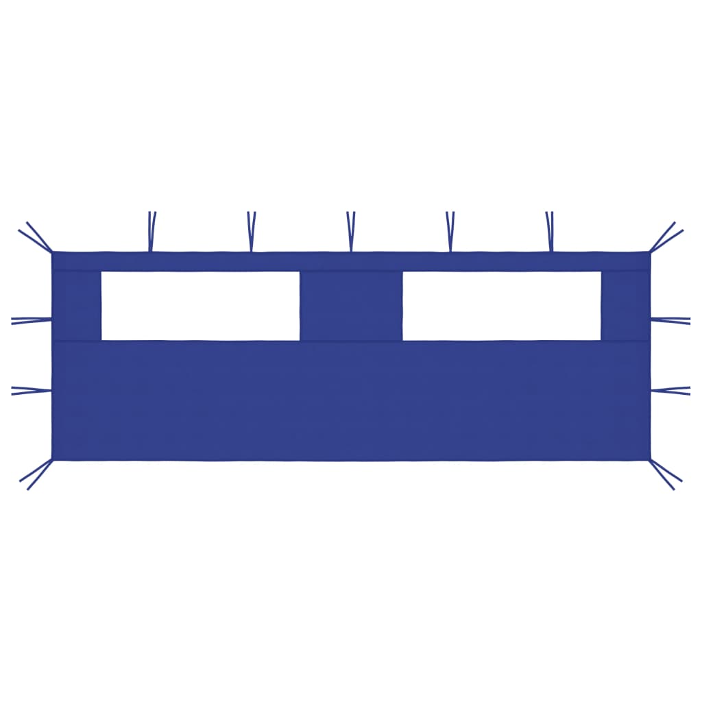 Blue gazebo sidewall with two clear rectangular windows and tie straps on edges