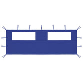 Blue gazebo sidewall with two clear rectangular windows and tie straps on edges