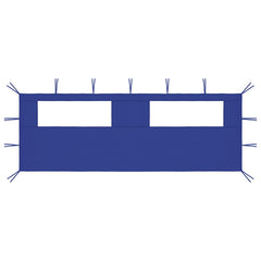 Blue gazebo sidewall with two clear rectangular windows and tie straps on edges