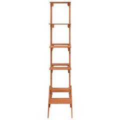 Tall orange solid firwood 9-shelf plant stand for outdoor use.