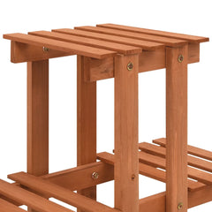 Orange solid firwood plant stand with nine shelves for outdoor use, sturdy and weather-resistant.