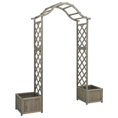 Gray solid firwood garden pergola with lattice sides and two built-in planters.