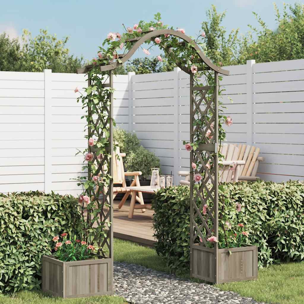 Gray firwood garden pergola with integrated planters, covered in pink climbing roses in a backyard setting.