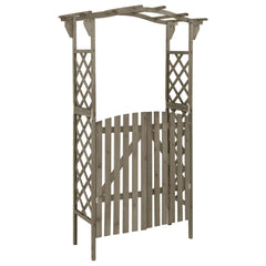 Gray solid firwood pergola with lattice sides and a gate measuring 45.7x15.7x80.3 inches