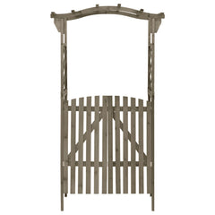 Gray solid firwood pergola with arched top and slatted gate, measuring 45.7x15.7x80.3 inches.