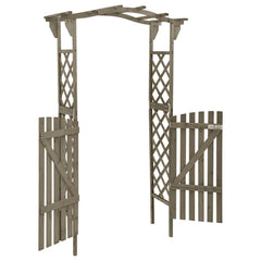 Gray wooden pergola archway with lattice sides and double swing gate, made of solid firwood.