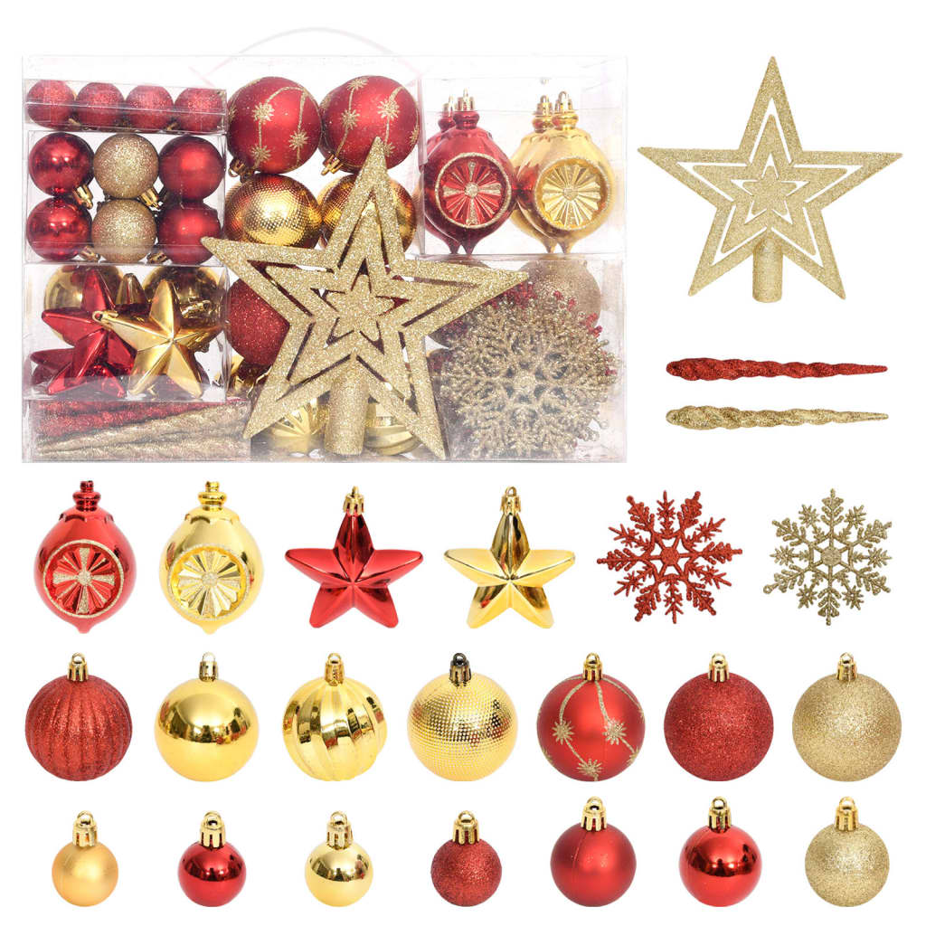 108-piece shatterproof Christmas ornament set in gold and red with baubles, stars, snowflakes, and icicles.