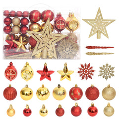 108-piece shatterproof Christmas ornament set in gold and red with baubles, stars, snowflakes, and icicles.