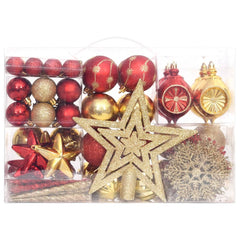 A 108-piece shatterproof Christmas ornament set in gold and red, featuring baubles, stars, snowflakes, and icicles in a clear plastic box.