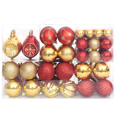 A set of 108 shatterproof gold and red Christmas baubles in various sizes and shapes, packaged in a clear box.