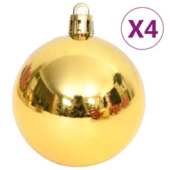 Set of four shiny gold shatterproof Christmas bauble ornaments.