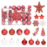 A 108-piece shatterproof Christmas bauble set in red and white with assorted shapes and sizes.