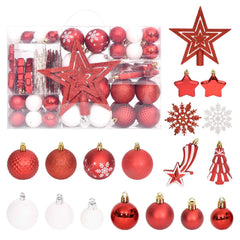 A 108-piece shatterproof Christmas bauble set in red and white with assorted shapes and sizes.