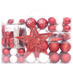 Set of 108 shatterproof red and white Christmas baubles with various shapes and sizes in a clear box.