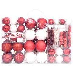 A set of 108 shatterproof red and white Christmas baubles in various shapes and sizes, packed in a clear storage box.