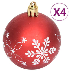Red shatterproof Christmas bauble with white snowflake designs, sold in sets of four.
