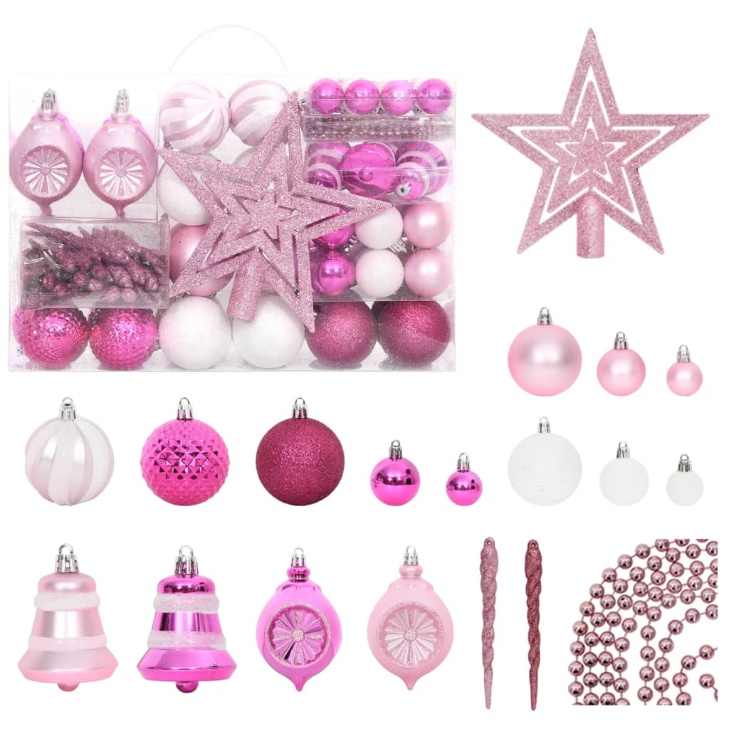 108-piece shatterproof Christmas ornament set in white and pink with baubles, bells, icicles, star topper, and storage box.