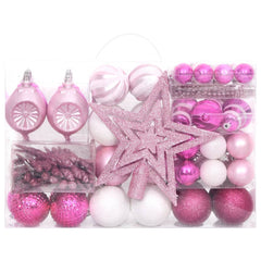 108-piece shatterproof Christmas ornament set in white and pink, including baubles, star, and storage box.
