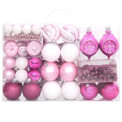 Set of 108 shatterproof Christmas baubles in white and pink with various shapes and sizes.