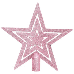 Pink glittered star tree topper with cutout design and pointed base.