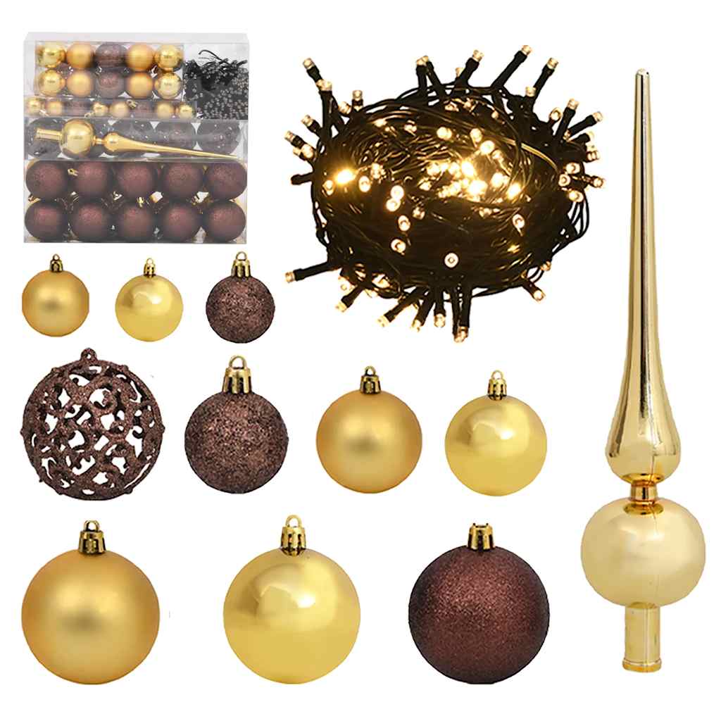 120-piece gold and bronze Christmas ball set with peak topper and 300 LED string lights