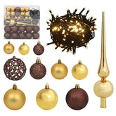 120-piece gold and bronze Christmas ball set with peak topper and 300 LED string lights