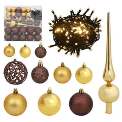 120-piece gold and bronze Christmas ball set with peak topper and 300 LED string lights