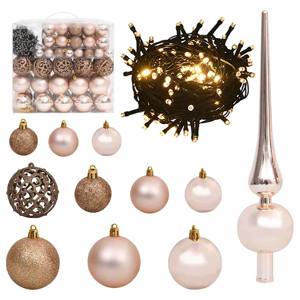 Rose gold Christmas ornament set with 120 shatterproof balls in three sizes, LED string lights, and tree topper.