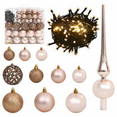 Rose gold Christmas ornament set with 120 shatterproof balls in three sizes, LED string lights, and tree topper.