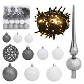 White and gray shatterproof Christmas ball set with LED string lights and tree topper.