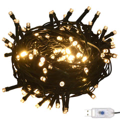USB-powered string lights with 300 warm white LEDs coiled on a black wire.