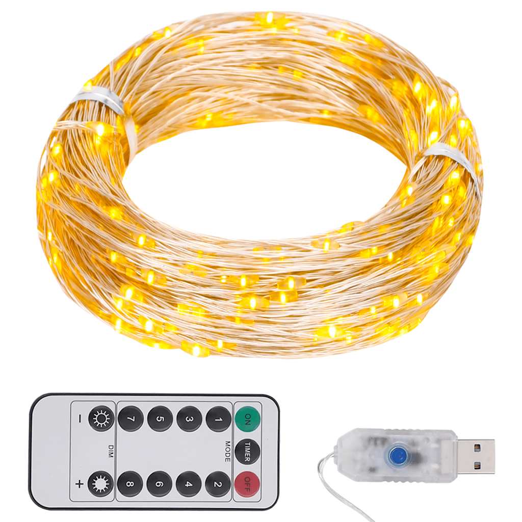 A coiled 49.2ft USB copper wire string light with 150 warm white LEDs and a remote control.