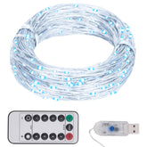A coiled string of cold white LED lights with a remote control and USB plug.