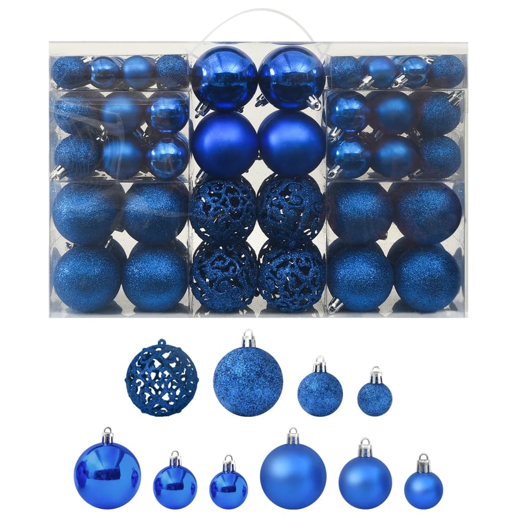 A box of 100 blue plastic Christmas balls in three sizes, shiny and glittery.
